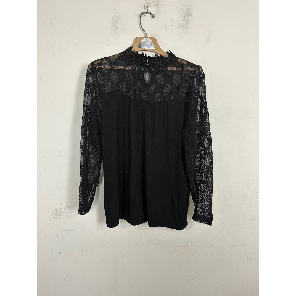 INC International Concepts Black Lace Yoke Mock Neck Top XL Long Sleeve